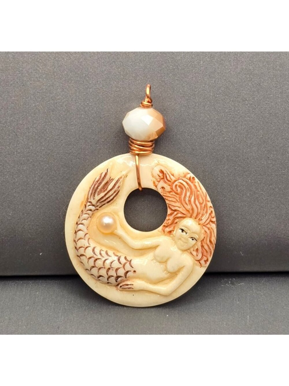 Hand Carved Mermaid Necklace Bone Pendant Pearl Agate Boho Nautical Jewelry